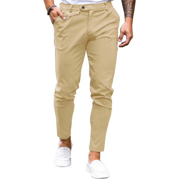 Flat Front Stretch Skinny Tapered Dress Pants  Casual Solid Trousers for Men's - Picture 1 of 5